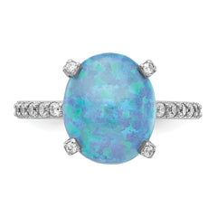 Cheryl M Sterling Silver Rhodium-plated Cabochon Lab Created Blue Opal and Brilliant-cut CZ Oval with Side Stones Ring