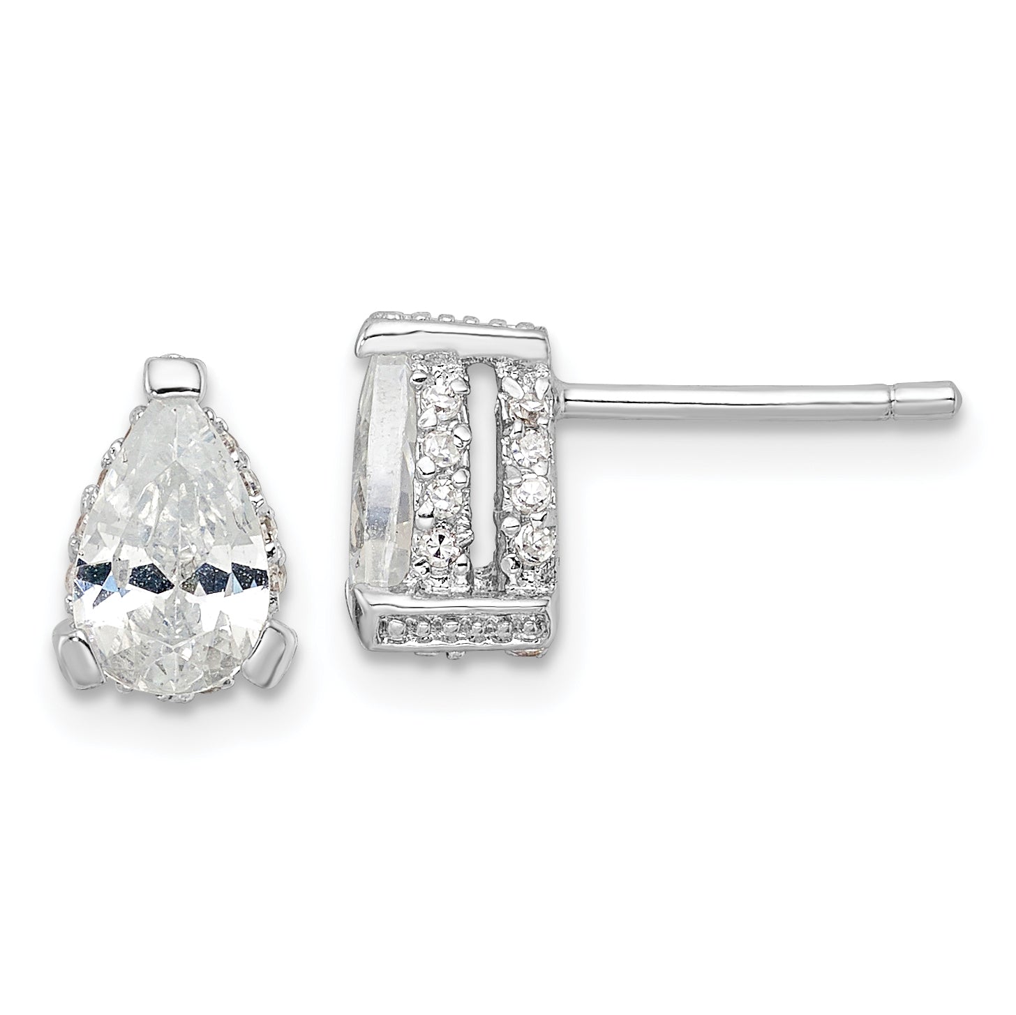 Cheryl M Sterling Silver Rhodium-plated Brilliant-cut Pear Shaped CZ with Pave Gallery Post Stud Earrings