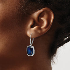 Cheryl M Sterling Silver Rhodium-plated Elongated Cushion-cut Lab Created Dark Blue Spinel and Brilliant-cut White CZ Leverback Dangle Earrings