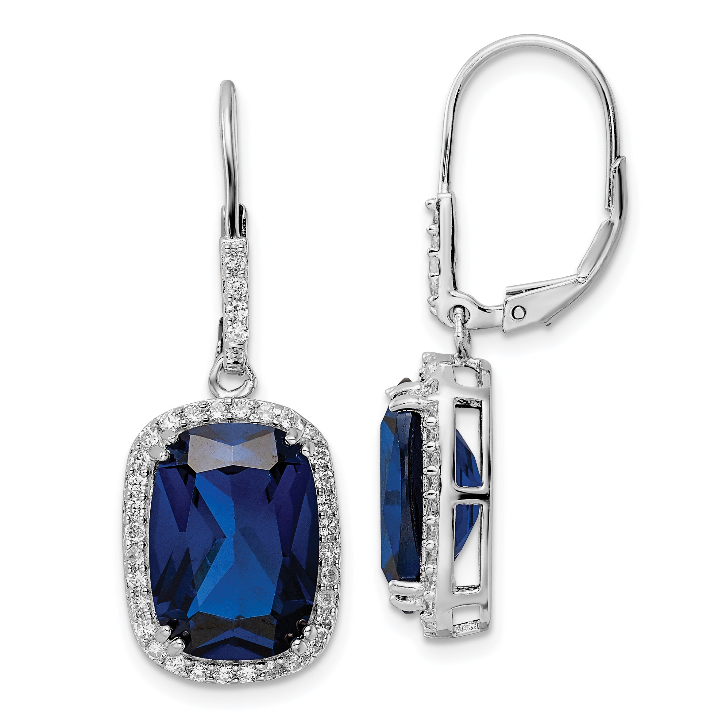 Cheryl M Sterling Silver Rhodium-plated Elongated Cushion-cut Lab Created Dark Blue Spinel and Brilliant-cut White CZ Leverback Dangle Earrings