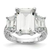 Cheryl M Sterling Silver Rhodium-plated Fancy Emerald-cut and Brilliant-cut CZ 3 Stone Ring