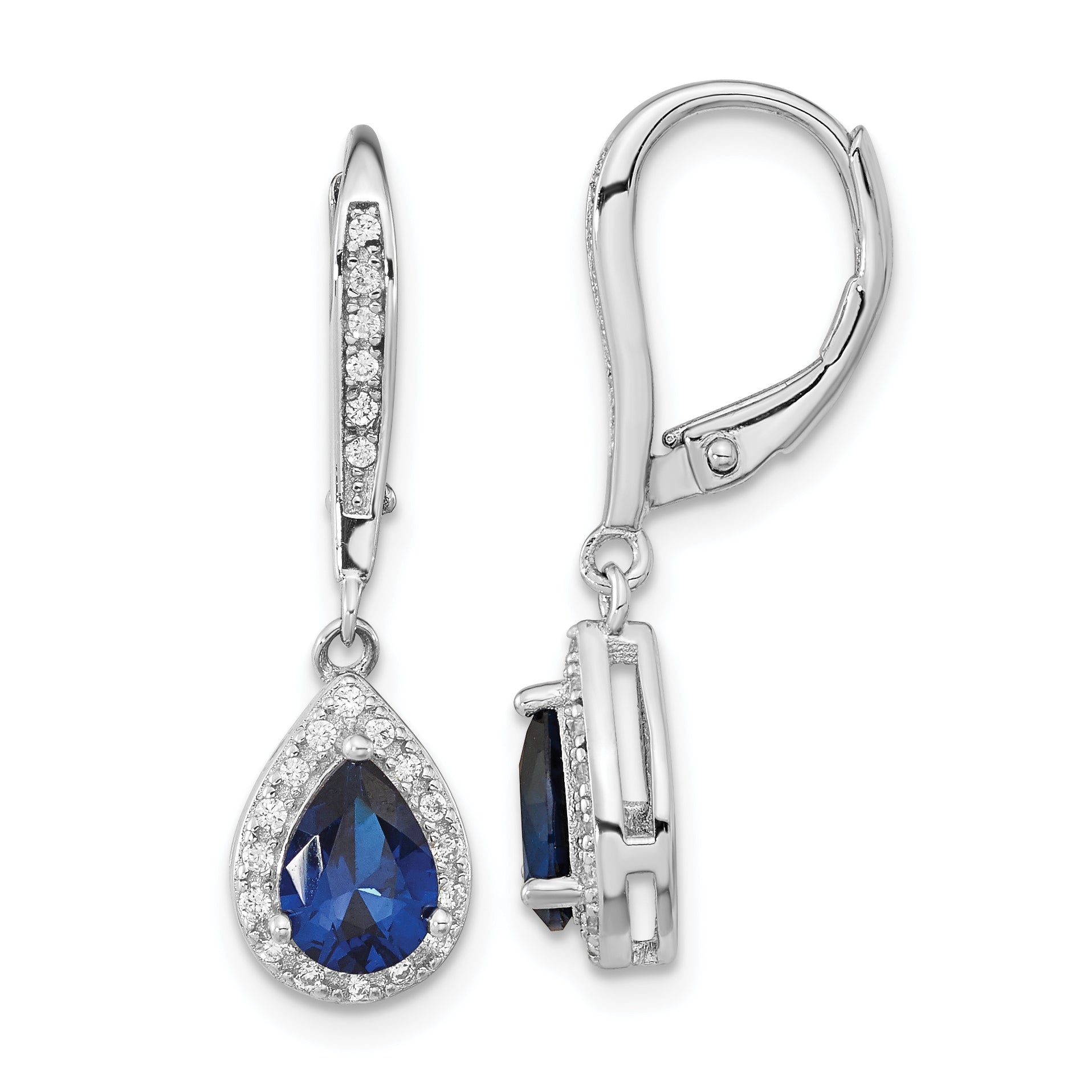 Cheryl M Sterling Silver Rhodium-plated Brilliant-cut Lab Created Dark Blue Spinel and Brilliant-cut White CZ Leverback Dangle Earrings