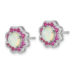 Cheryl M Sterling Silver Rhodium-plated Cabochon Lab Created Opal and Brilliant-cut Red Nano Crystal Flower Post Earrings