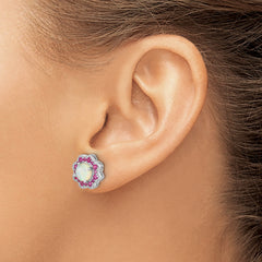 Cheryl M Sterling Silver Rhodium-plated Cabochon Lab Created Opal and Brilliant-cut Red Nano Crystal Flower Post Earrings