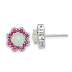 Cheryl M Sterling Silver Rhodium-plated Cabochon Lab Created Opal and Brilliant-cut Red Nano Crystal Flower Post Earrings