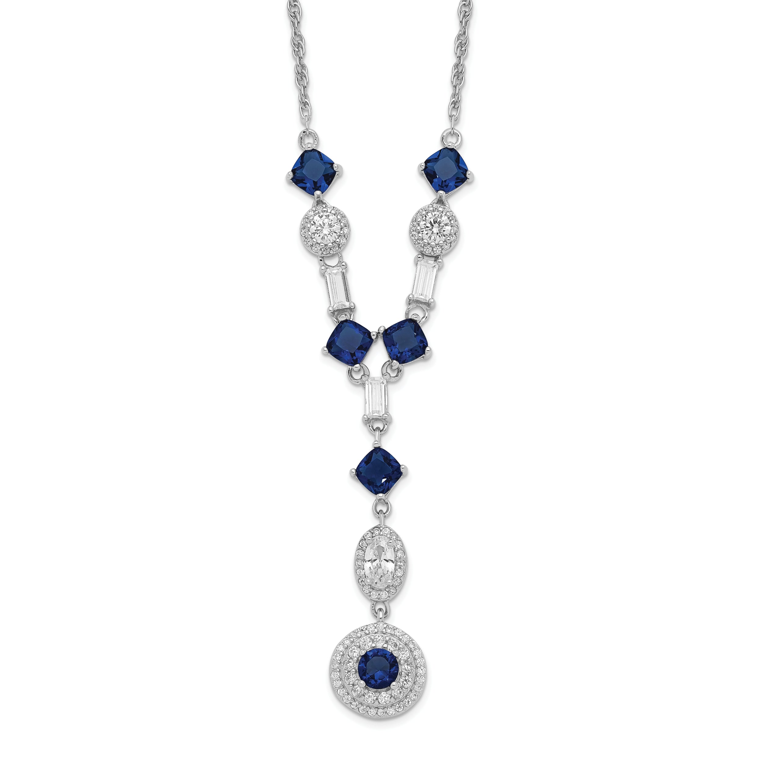 Cheryl M Sterling Silver Rhodium-Rhodium-Plated Cushion-cut/Brilliant-cut Blue Glass and Brilliant-cut/Baguette-cut White CZ Fancy Dangle Y-Drop 18 Inch Necklace