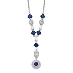 Cheryl M Sterling Silver Rhodium-Rhodium-Plated Cushion-cut/Brilliant-cut Blue Glass and Brilliant-cut/Baguette-cut White CZ Fancy Dangle Y-Drop 18 Inch Necklace