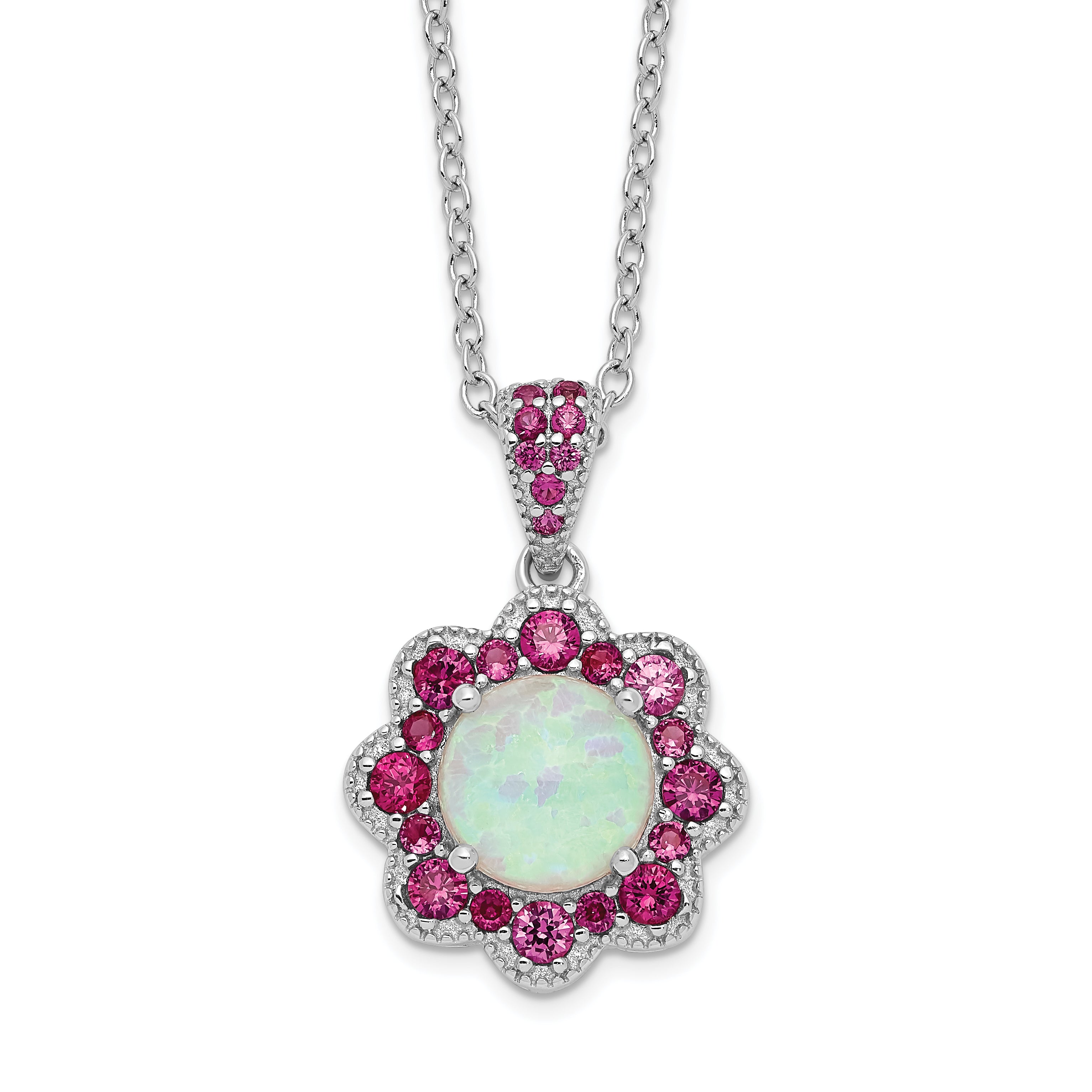 Cheryl M Sterling Silver Rhodium-Rhodium-Plated Cabochon Lab Created Opal and Brilliant-cut Red Nano Crystal Flower 18 Inch Necklace