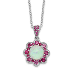 Cheryl M Sterling Silver Rhodium-Rhodium-Plated Cabochon Lab Created Opal and Brilliant-cut Red Nano Crystal Flower 18 Inch Necklace
