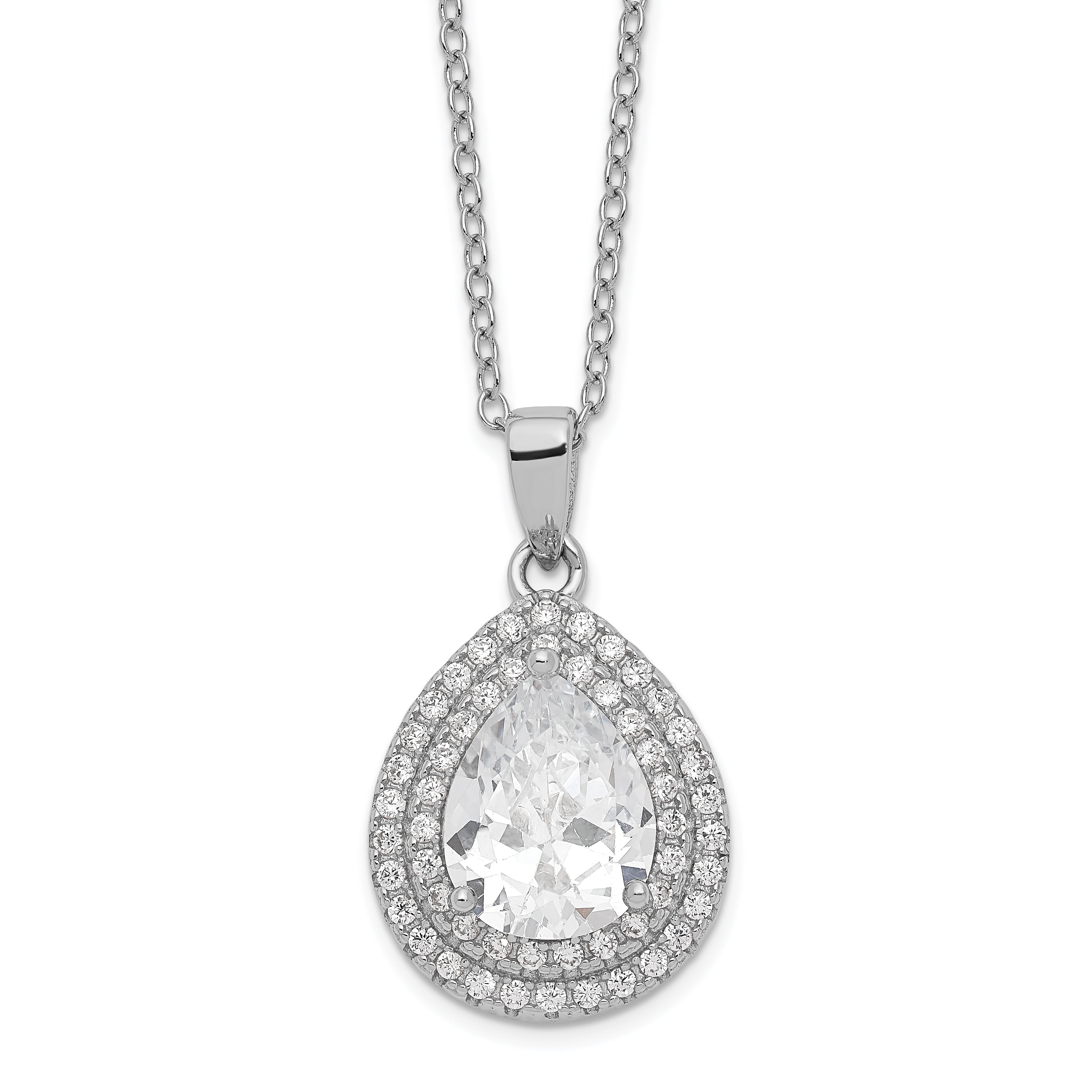 Cheryl M Sterling Silver Rhodium-Rhodium-Plated Brilliant-cut Pear Shaped CZ Double Halo 18 Inch Necklace with 2 Inch extender