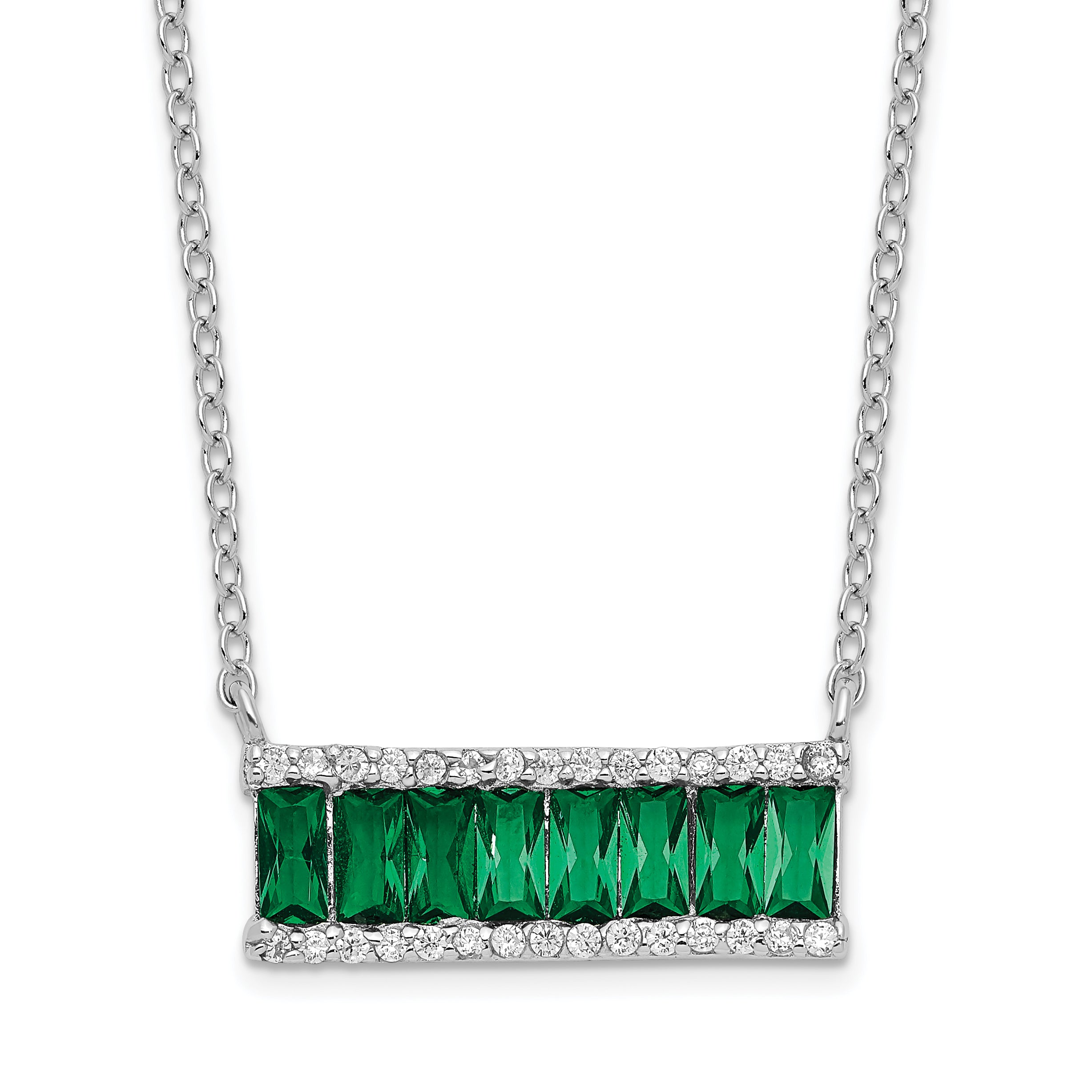 Cheryl M Sterling Silver Rhodium-Rhodium-Plated Emerald-cut Green Nano Crystal and Brilliant-cut White CZ Bar 18 Inch Necklace