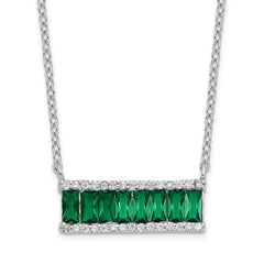 Cheryl M Sterling Silver Rhodium-Rhodium-Plated Emerald-cut Green Nano Crystal and Brilliant-cut White CZ Bar 18 Inch Necklace
