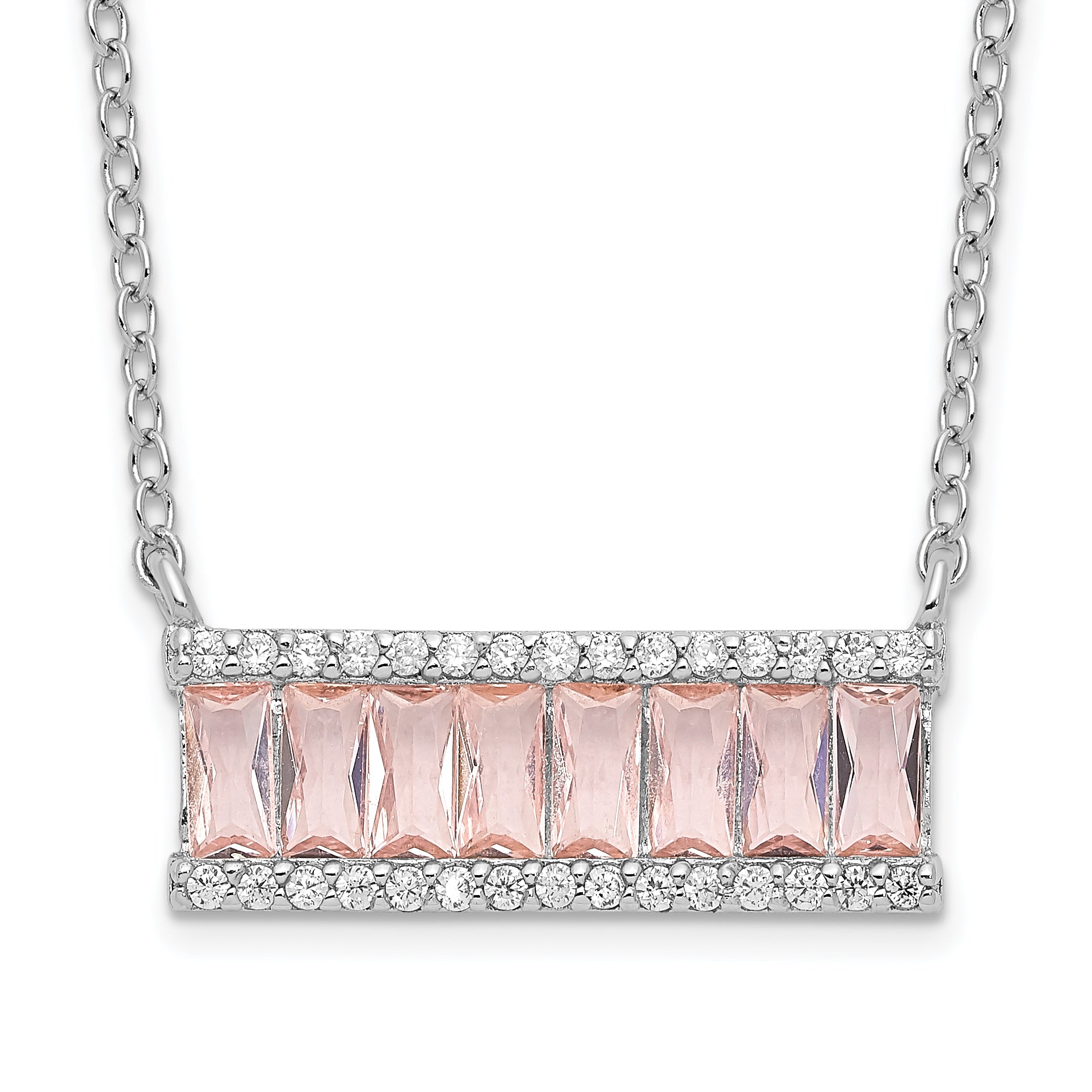 Cheryl M Sterling Silver Rhodium-Rhodium-Plated Emerald-cut Pink Nano Crystal and White Brilliant-cut CZ Bar 18 Inch Necklace