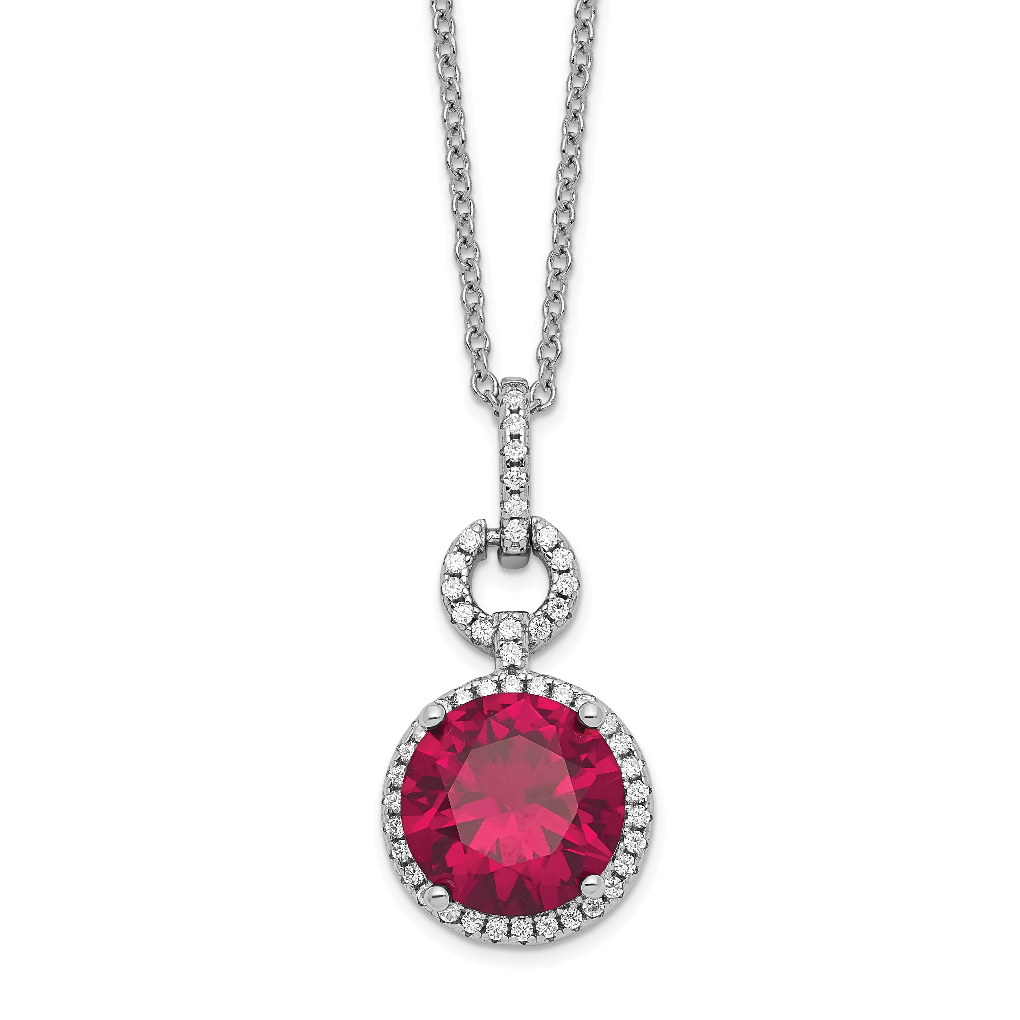 Cheryl M Sterling Silver Rhodium-Rhodium-Plated Brilliant-cut Lab Created Ruby and Brilliant-cut White CZ Round Halo 18 Inch Necklace