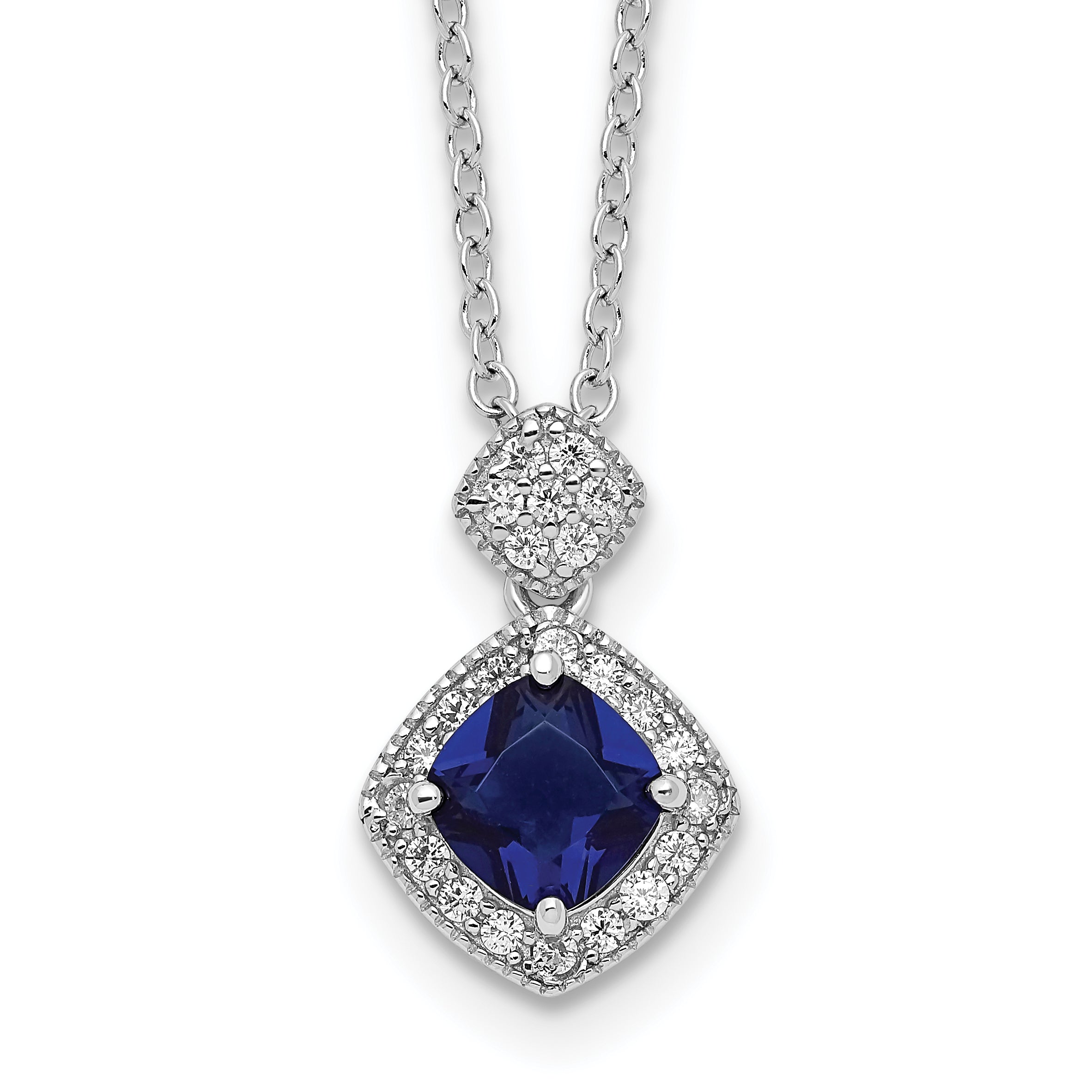 Cheryl M Sterling Silver Rhodium-Rhodium-Plated Cushion-cut Blue Glass and Brilliant-cut White CZ 18 Inch Necklace