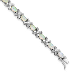 Cheryl M Sterling Silver Rhodium-Rhodium-Plated Fancy X and O Cabochon Lab Created Opal and Brilliant-cut CZ 7.25 Inch Bracelet