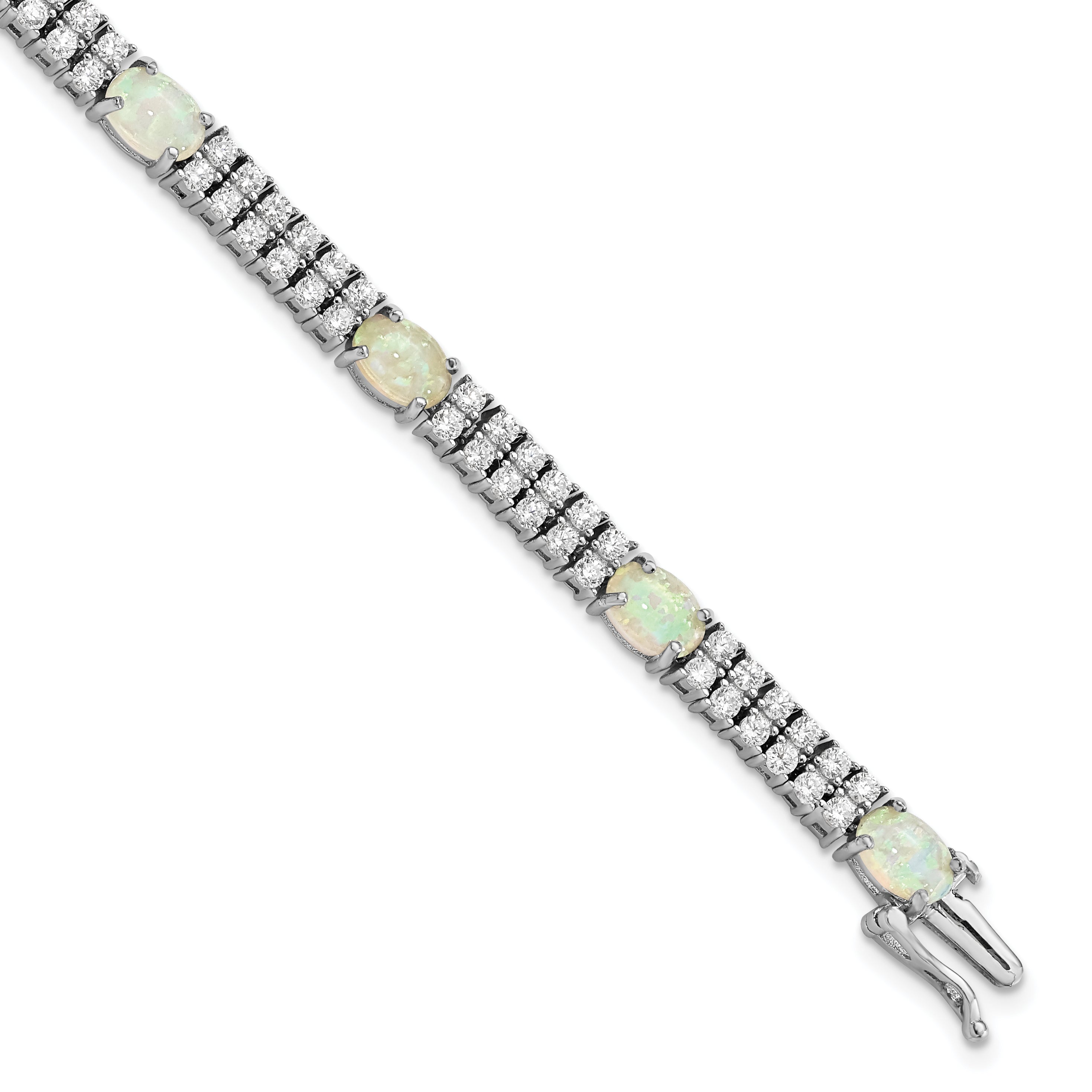 Cheryl M Sterling Silver Rhodium-Rhodium-Plated Fancy Cabochon Lab Created Opal and Brilliant-cut CZ 7.5 Inch Bracelet