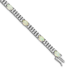 Cheryl M Sterling Silver Rhodium-Rhodium-Plated Fancy Cabochon Lab Created Opal and Brilliant-cut CZ 7.5 Inch Bracelet