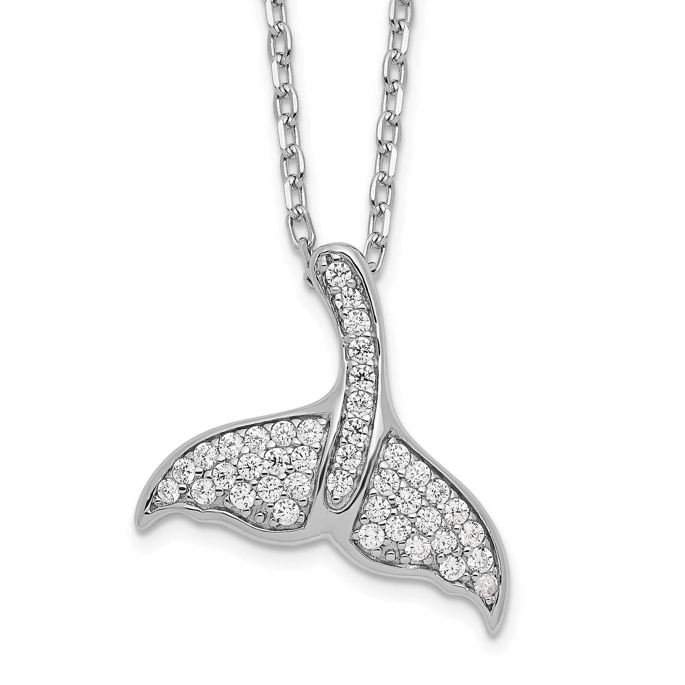 Cheryl M Sterling Silver Rhodium-Rhodium-Plated Brilliant-cut CZ Whale Tail 16 Inch Necklace with 2 Inch Extender