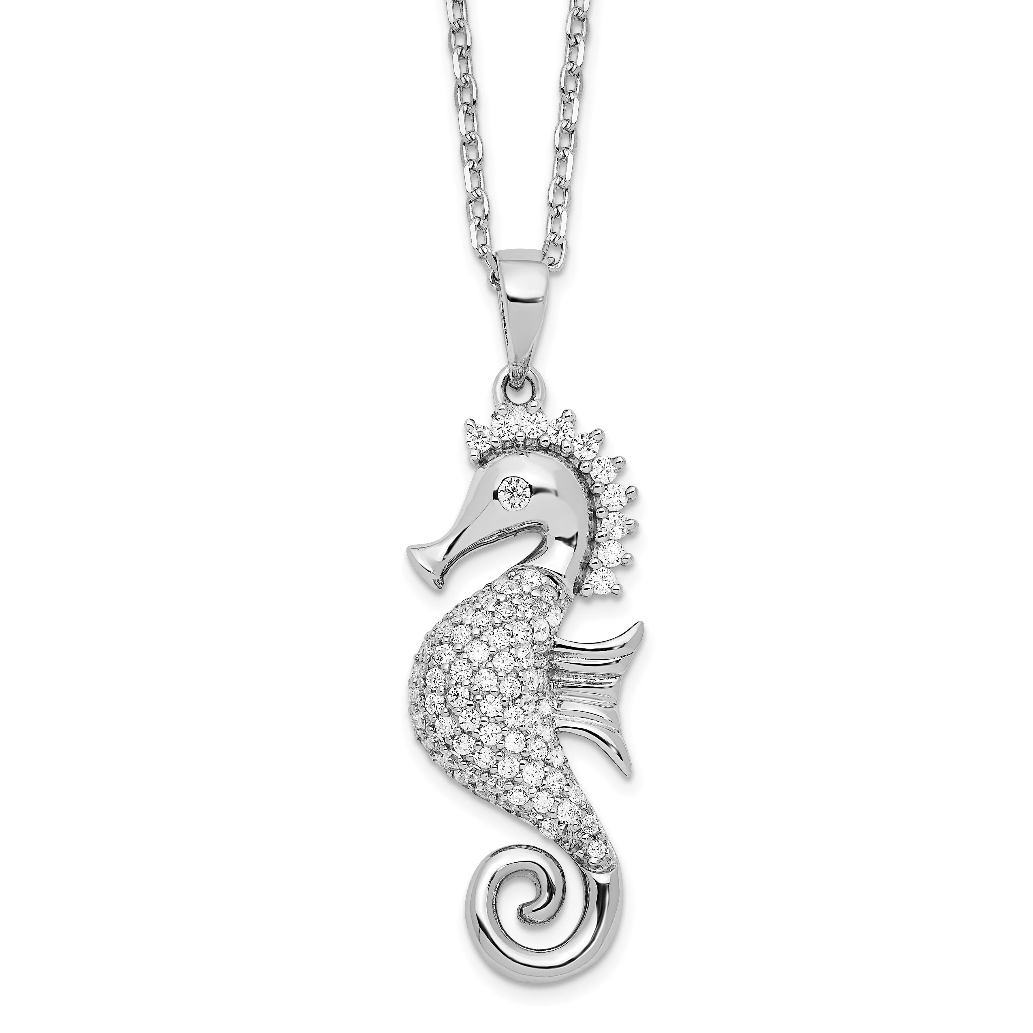 Cheryl M Sterling Silver Rhodium-Rhodium-Plated Brilliant-cut CZ Seahorse 16 Inch Necklace with 2 Inch Extender