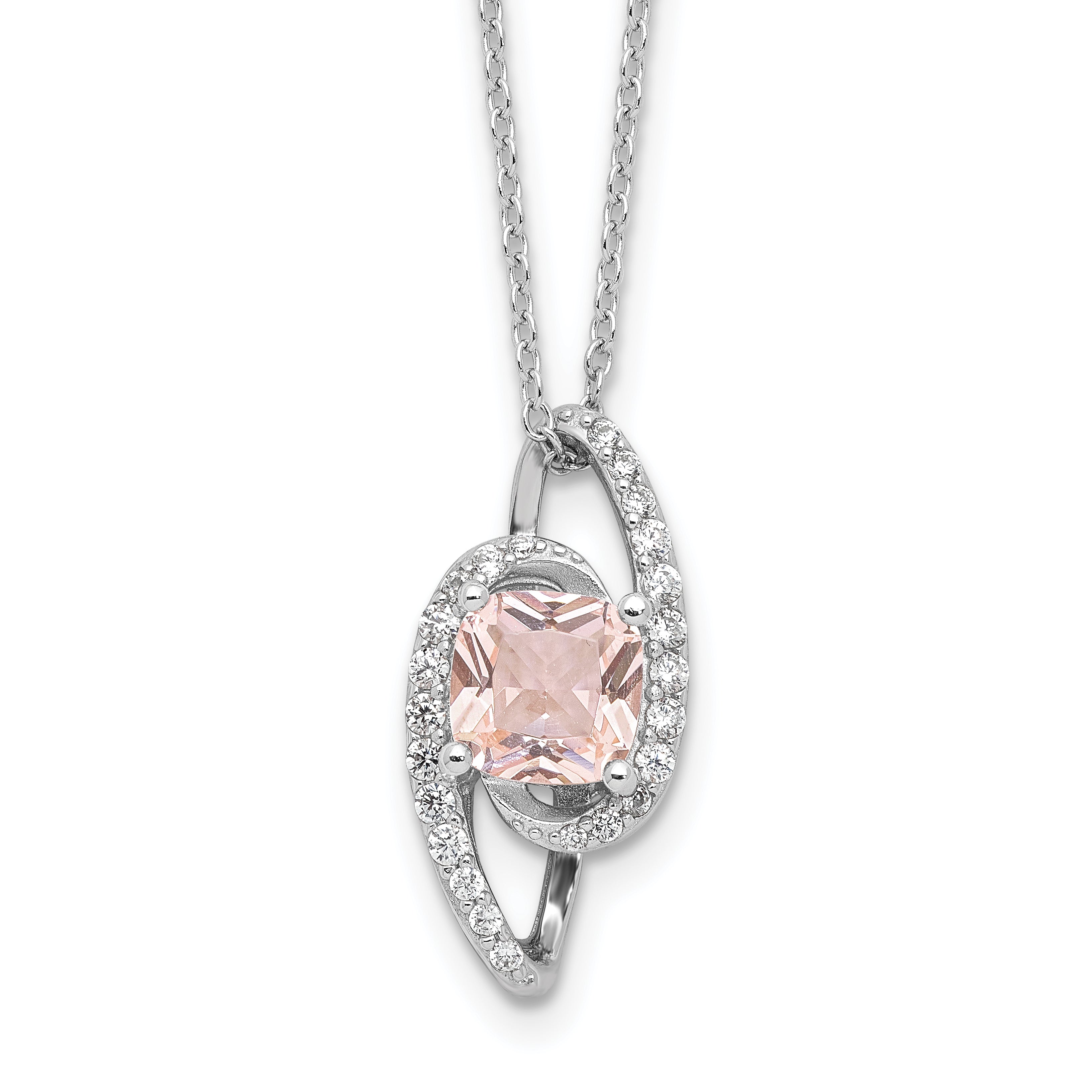 Cheryl M Sterling Silver Rhodium-plated Cushion-cut Simulated Morganite & White Brilliant-cut CZ 18 Inch Necklace with 2 Inch Extender