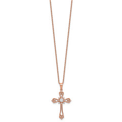 Cheryl M Sterling Silver Rose Gold-plated Polished CZ Cross with 2 Inch Extension Necklace