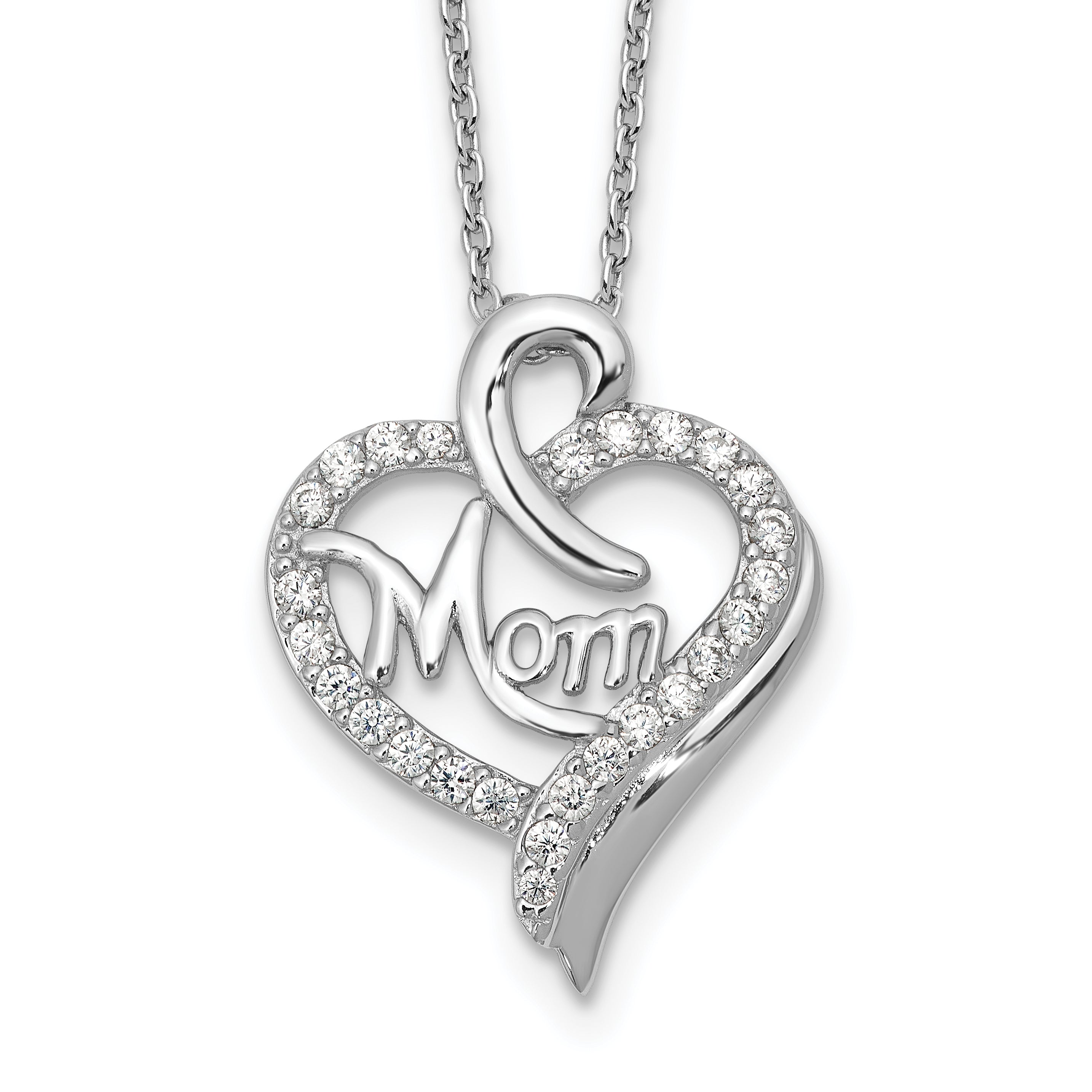 Cheryl M Sterling Silver Rhodium-plated Brilliant-cut CZ MOM Heart 18 Inch Necklace with 2 Inch Extender