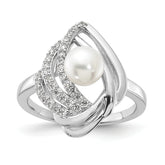 Cheryl M Sterling Silver Rhodium-plated Freshwater Cultured Pearl and Brilliant-cut CZ Fancy Teardrop Design Ring