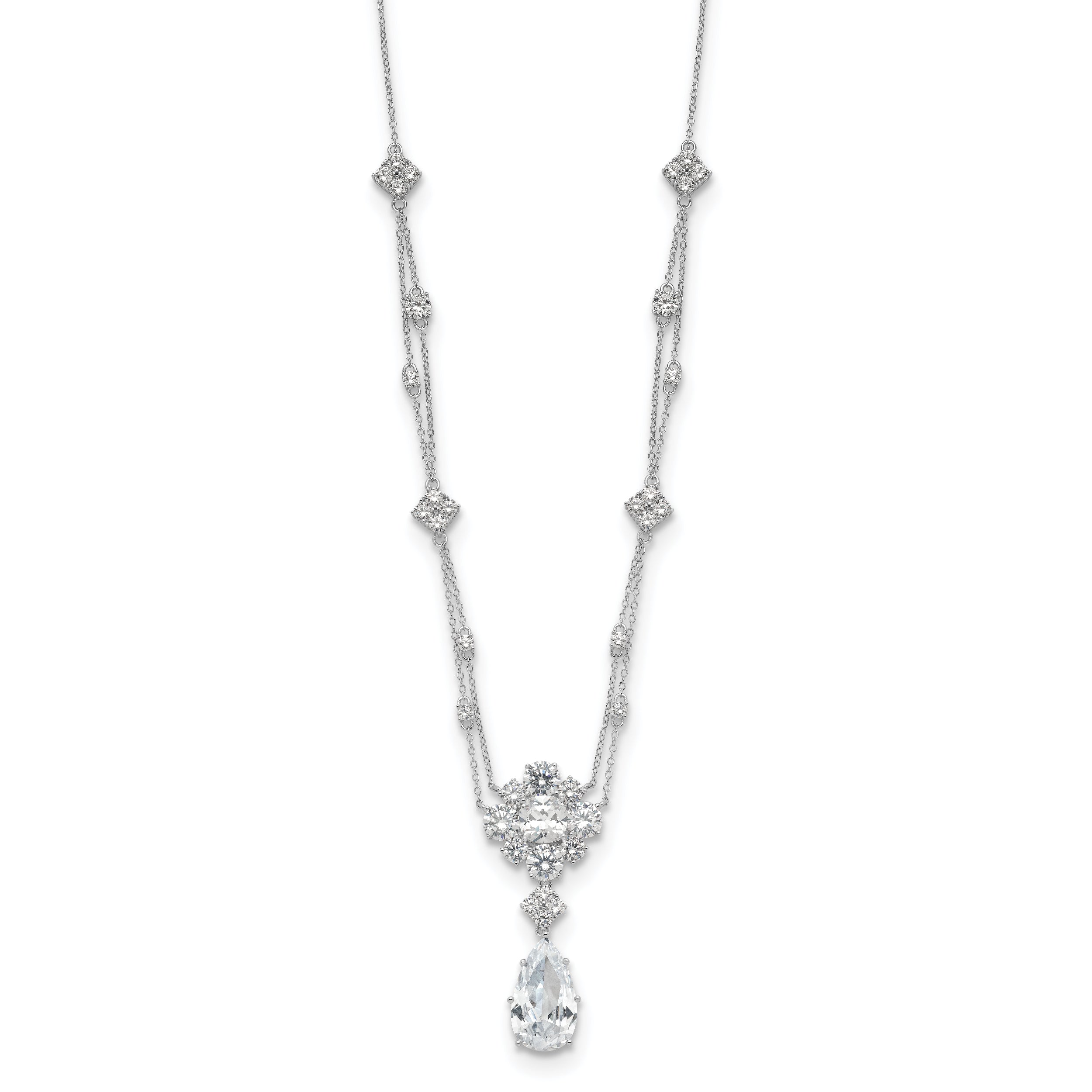 Cheryl M Sterling Silver Rhodium-Rhodium-Plated Fancy Cushion-cut and Brilliant-cut CZ Teardrop Dangle 18 Inch Necklace