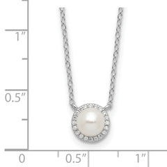 Cheryl M Sterling Silver Rhodium-plated Button Freshwater Cultured Pearl and Brilliant-cut CZ Halo 18 Inch Necklace