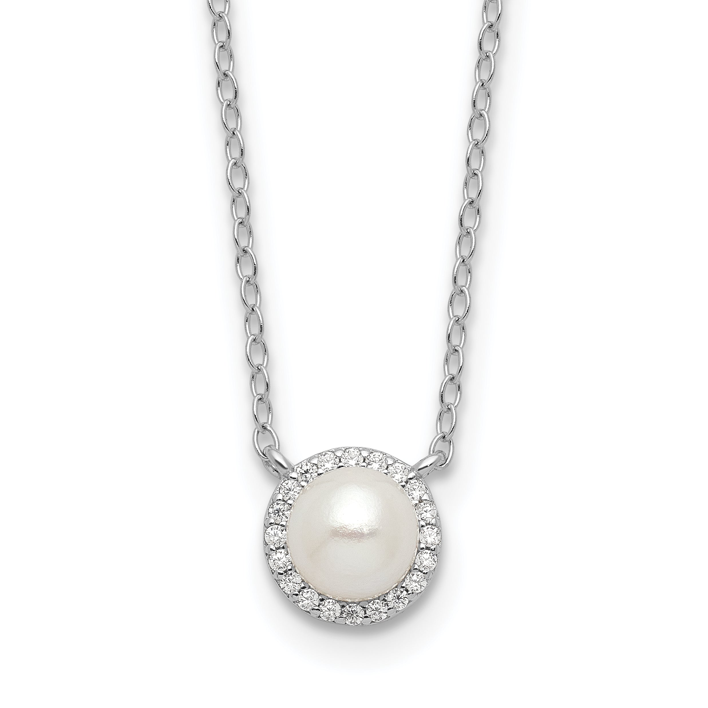 Cheryl M Sterling Silver Rhodium-plated Button Freshwater Cultured Pearl and Brilliant-cut CZ Halo 18 Inch Necklace