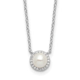 Cheryl M Sterling Silver Rhodium-plated Button Freshwater Cultured Pearl and Brilliant-cut CZ Halo 18 Inch Necklace