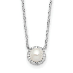 Cheryl M Sterling Silver Rhodium-plated Button Freshwater Cultured Pearl and Brilliant-cut CZ Halo 18 Inch Necklace