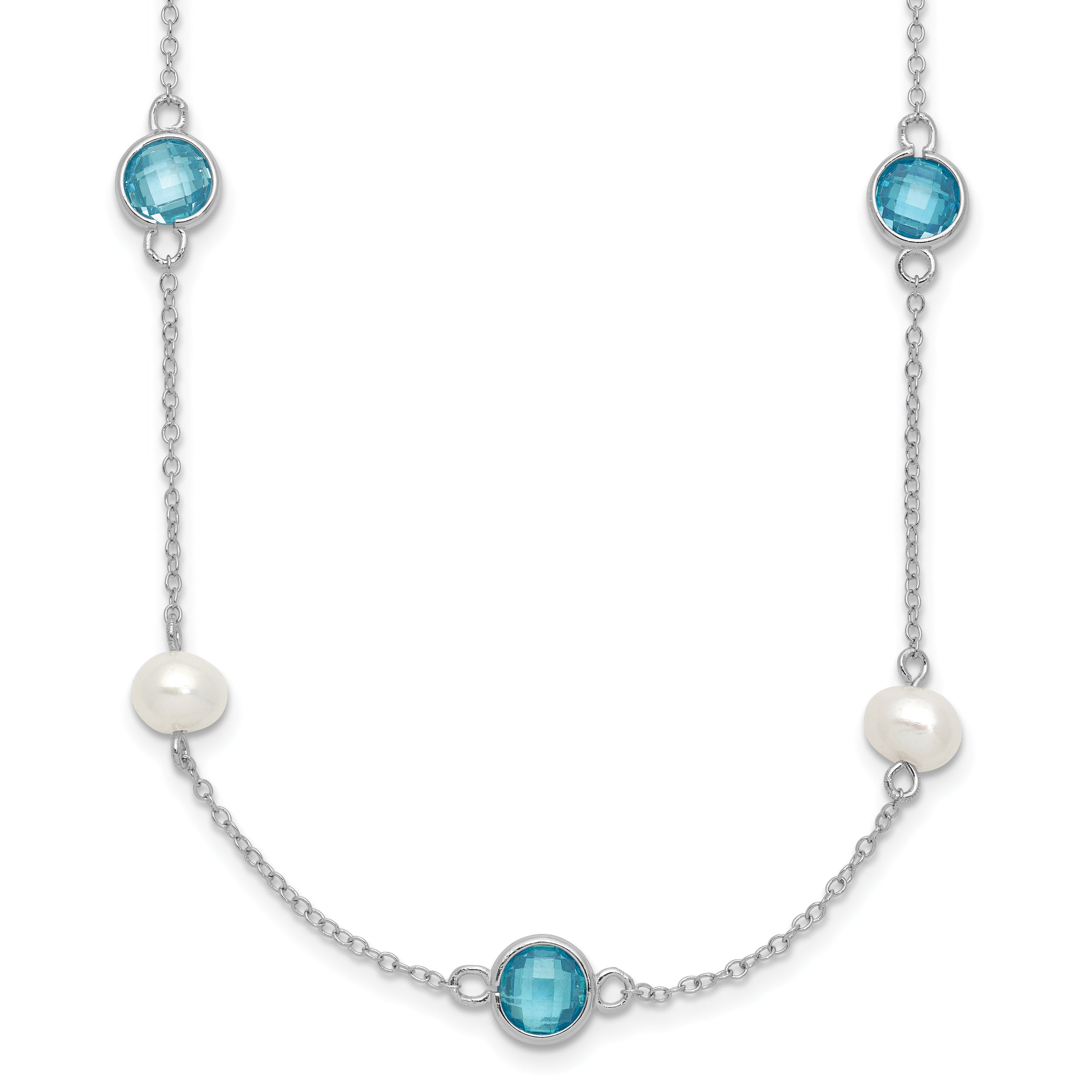 Cheryl M Sterling Silver Rhodium-Rhodium-Plated Blue Double Pineapple-cut CZ & White Freshwater Cultured Pearl 9 Station 18 Inch Necklace with 2 Inch Extender