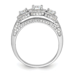 Cheryl M Sterling Silver Rhodium-plated Brilliant-cut CZ Three Stone Halo w/ Side Stones Ring