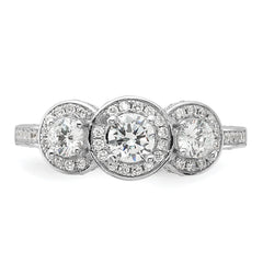 Cheryl M Sterling Silver Rhodium-plated Brilliant-cut CZ Three Stone Halo w/ Side Stones Ring