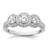 Cheryl M Sterling Silver Rhodium-plated Brilliant-cut CZ Three Stone Halo w/ Side Stones Ring