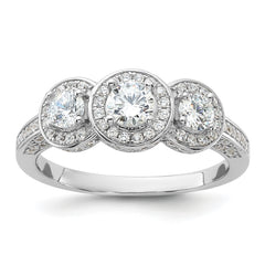 Cheryl M Sterling Silver Rhodium-plated Brilliant-cut CZ Three Stone Halo w/ Side Stones Ring