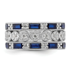 Cheryl M Sterling Silver Rhodium-plated Emerald-cut & Brilliant-cut Blue and White CZ Three Piece Eternity Ring Set