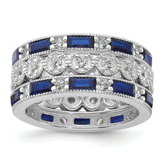 Cheryl M Sterling Silver Rhodium-plated Emerald-cut & Brilliant-cut Blue and White CZ Three Piece Eternity Ring Set