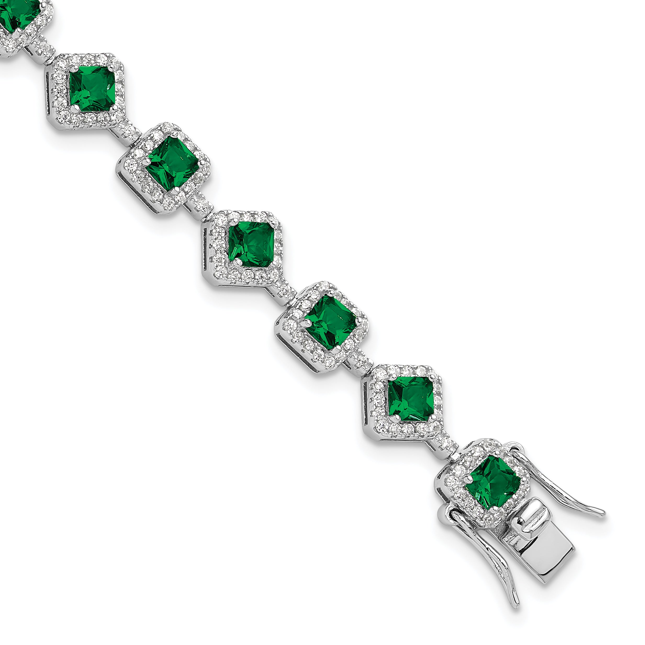 Cheryl M Sterling Silver Rhodium-Rhodium-Plated Fancy Cushion-cut Green Glass and Brilliant-cut White CZ 7.5 Inch Bracelet