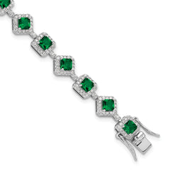 Cheryl M Sterling Silver Rhodium-Rhodium-Plated Fancy Cushion-cut Green Glass and Brilliant-cut White CZ 7.5 Inch Bracelet