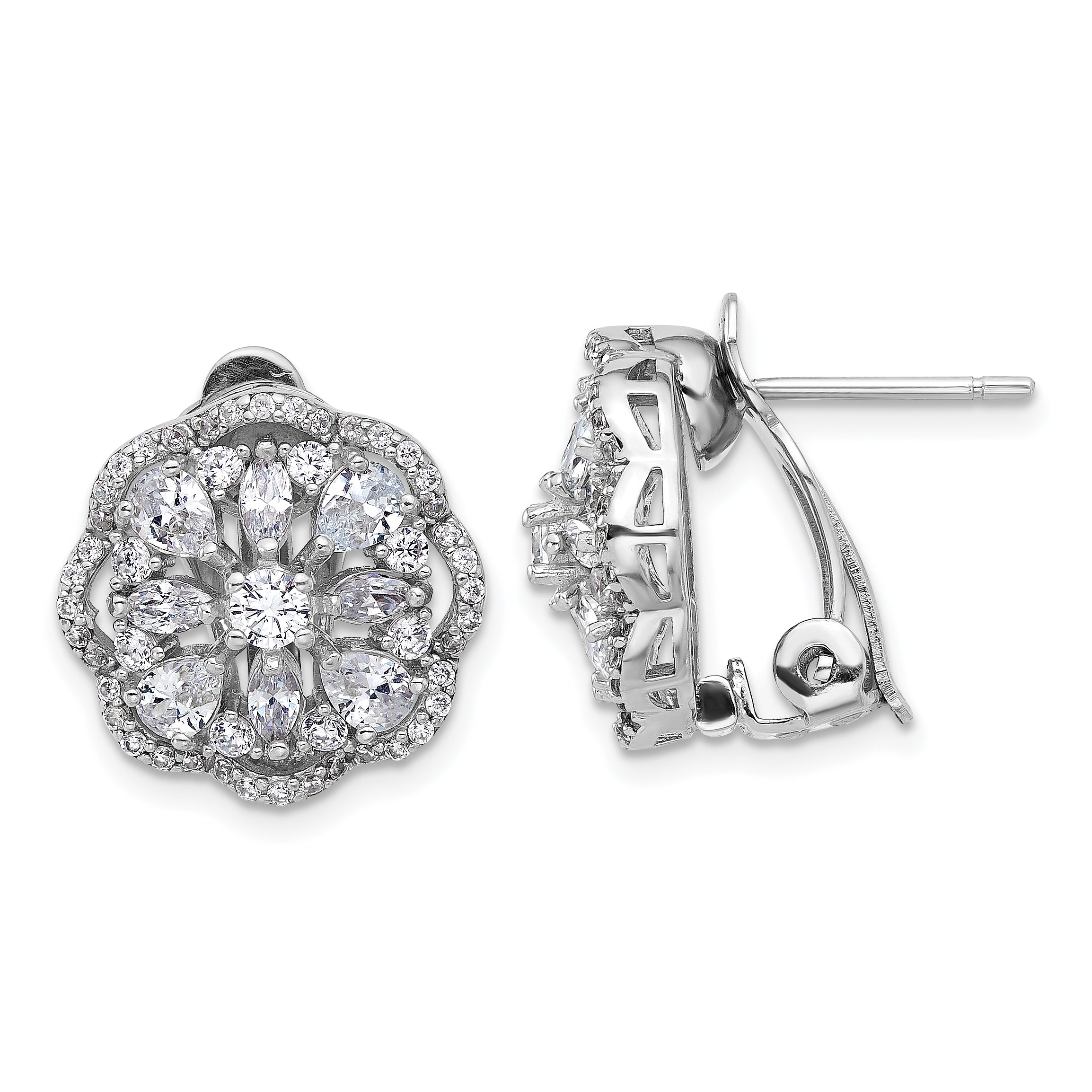 Cheryl M Sterling Silver Rhodium-plated Brilliant-cut and Marquise-cut CZ Flower Post Omega Earrings