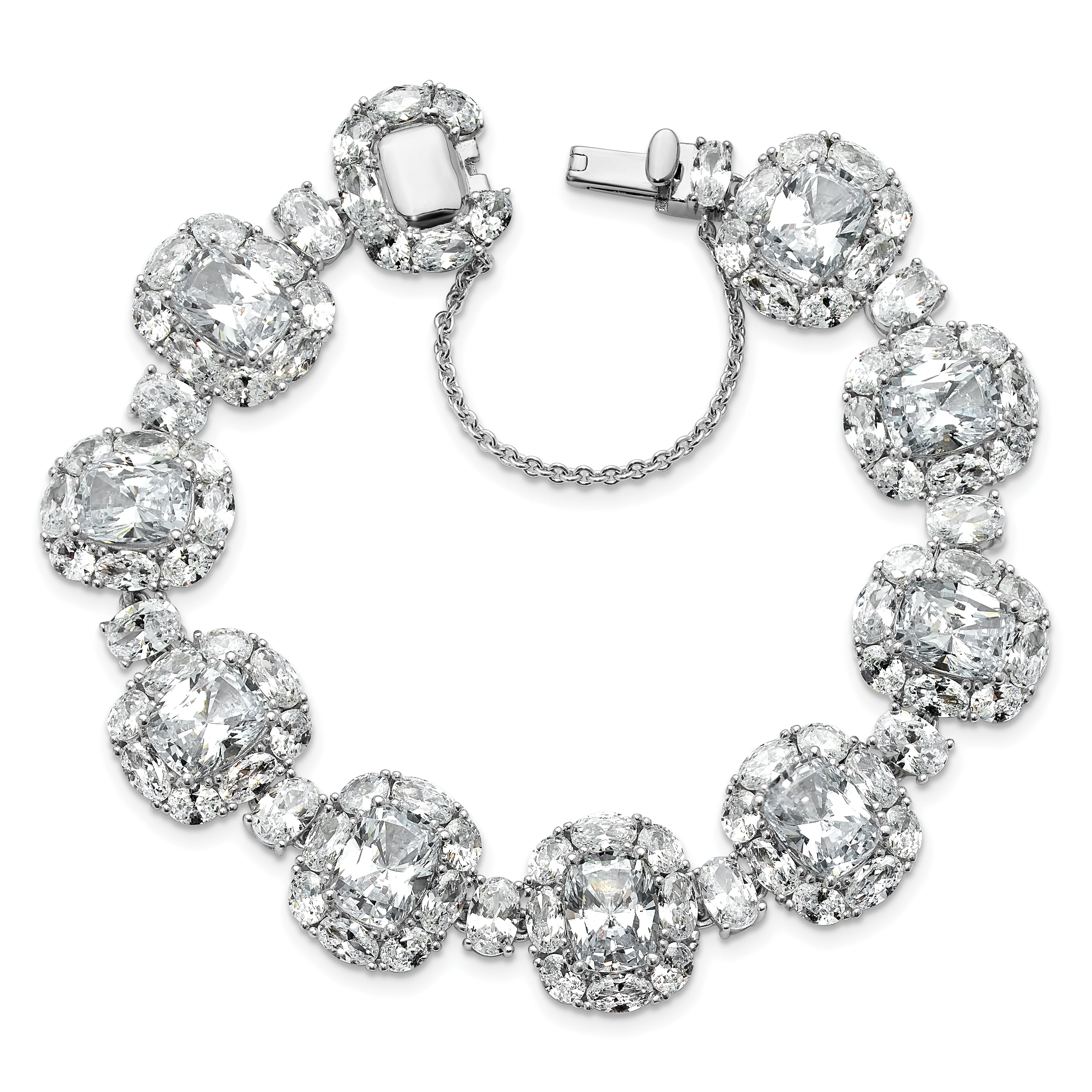 Cheryl M Sterling Silver Rhodium-plated Polished Fancy Cushion-cut CZ Halo Cluster with Safety Chain Bracelet