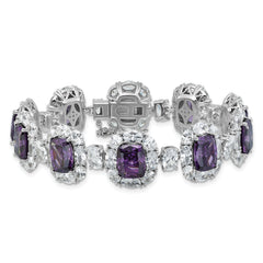 Cheryl M Sterling Silver Rhodium-plated Polished Fancy Purple and White CZ Halo Cluster with Safety Chain 7 Inch Bracelet