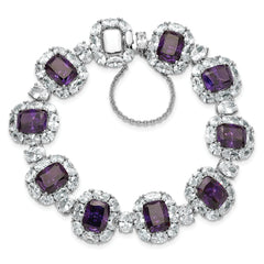 Cheryl M Sterling Silver Rhodium-plated Polished Fancy Purple and White CZ Halo Cluster with Safety Chain 7 Inch Bracelet