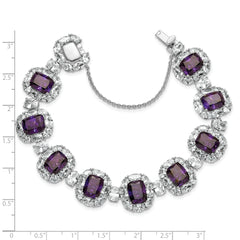 Cheryl M Sterling Silver Rhodium-plated Polished Fancy Purple and White CZ Halo Cluster with Safety Chain 7 Inch Bracelet