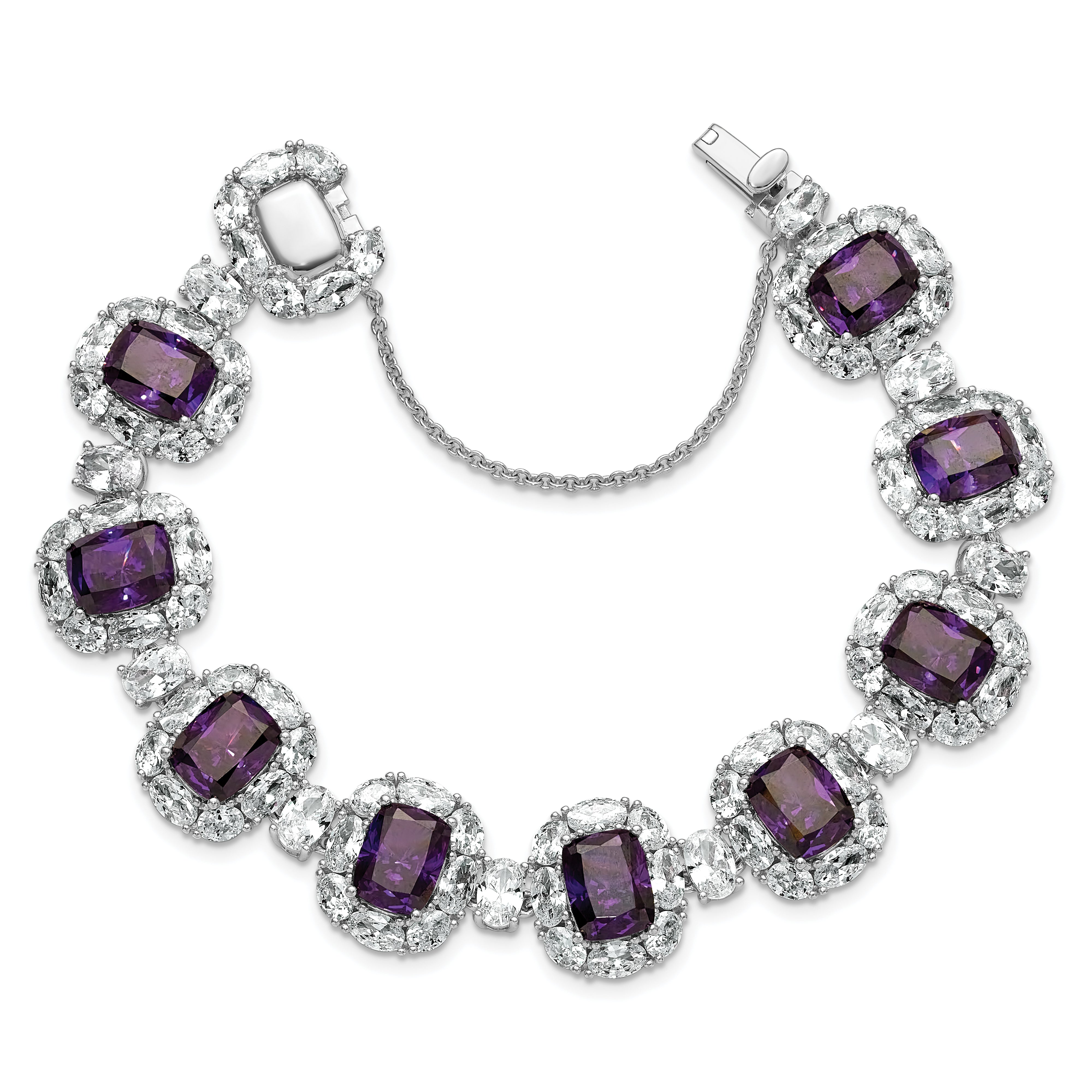 Cheryl M Sterling Silver Rhodium-plated Polished Fancy Purple and White CZ Halo Cluster with Safety Chain 7 Inch Bracelet