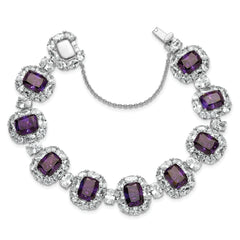 Cheryl M Sterling Silver Rhodium-plated Polished Fancy Purple and White CZ Halo Cluster with Safety Chain 7 Inch Bracelet