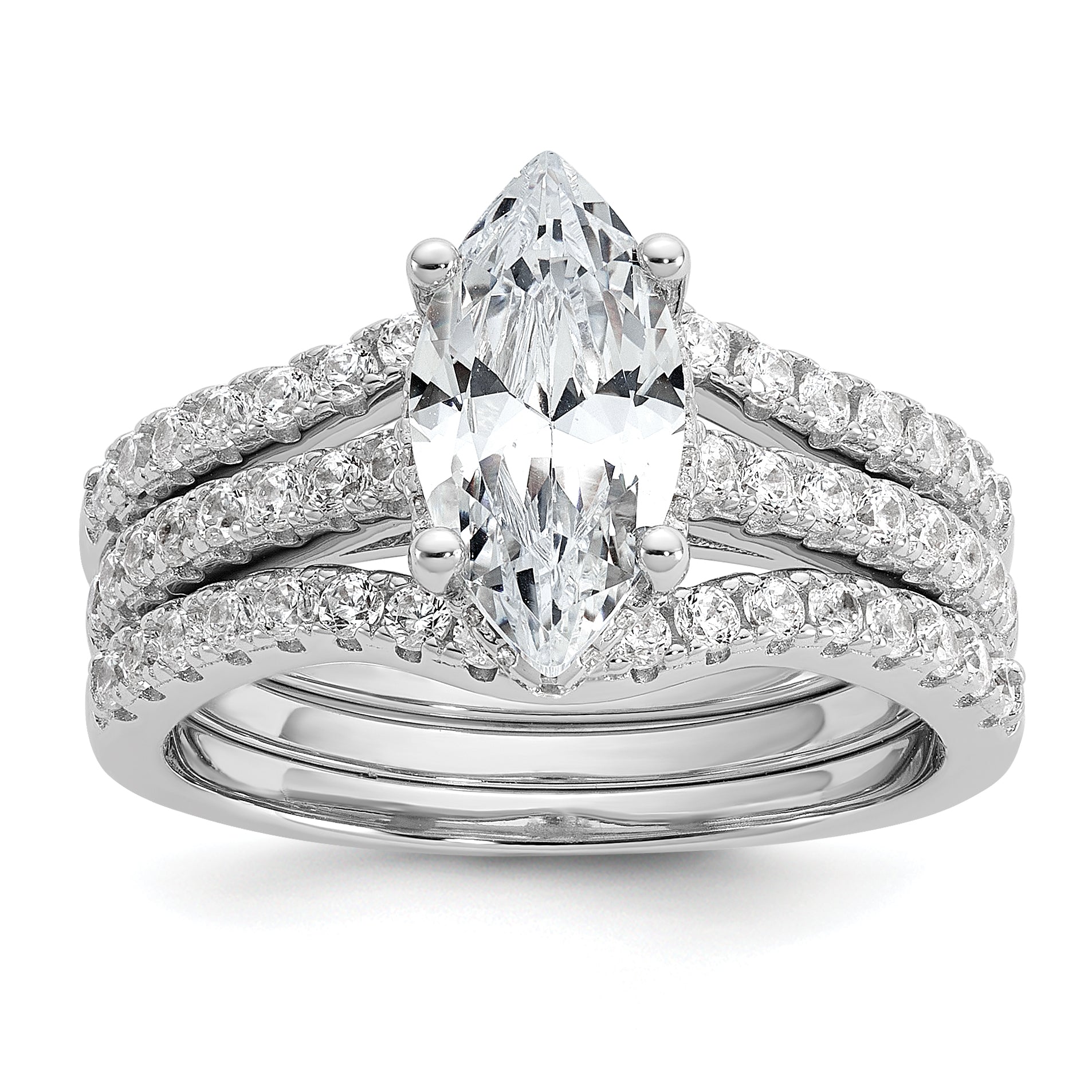 Cheryl M Sterling Silver Rhodium-plated Polished Marquise CZ with Two Bands Ring Set